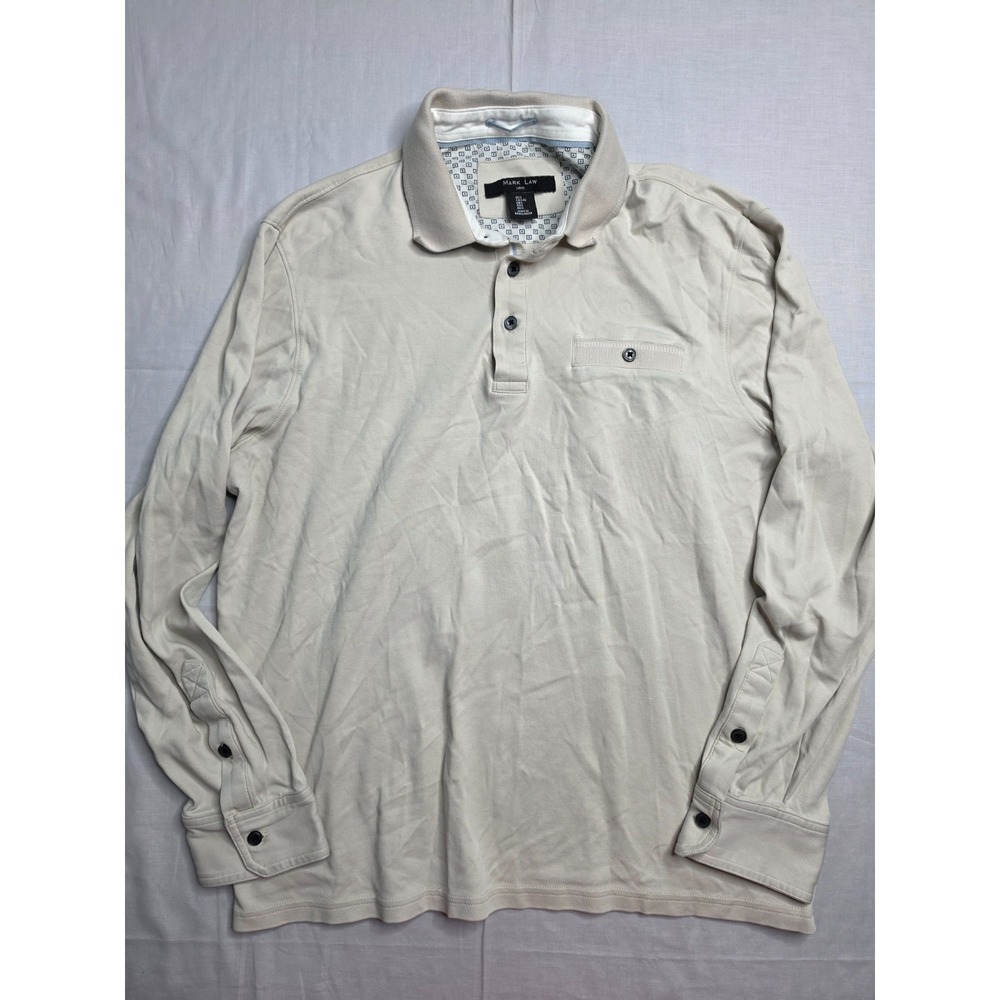 Mark Law Luxury Polo Rugby Shirt Mens Large Beige 100% Cotton Pocket Long Sleeve